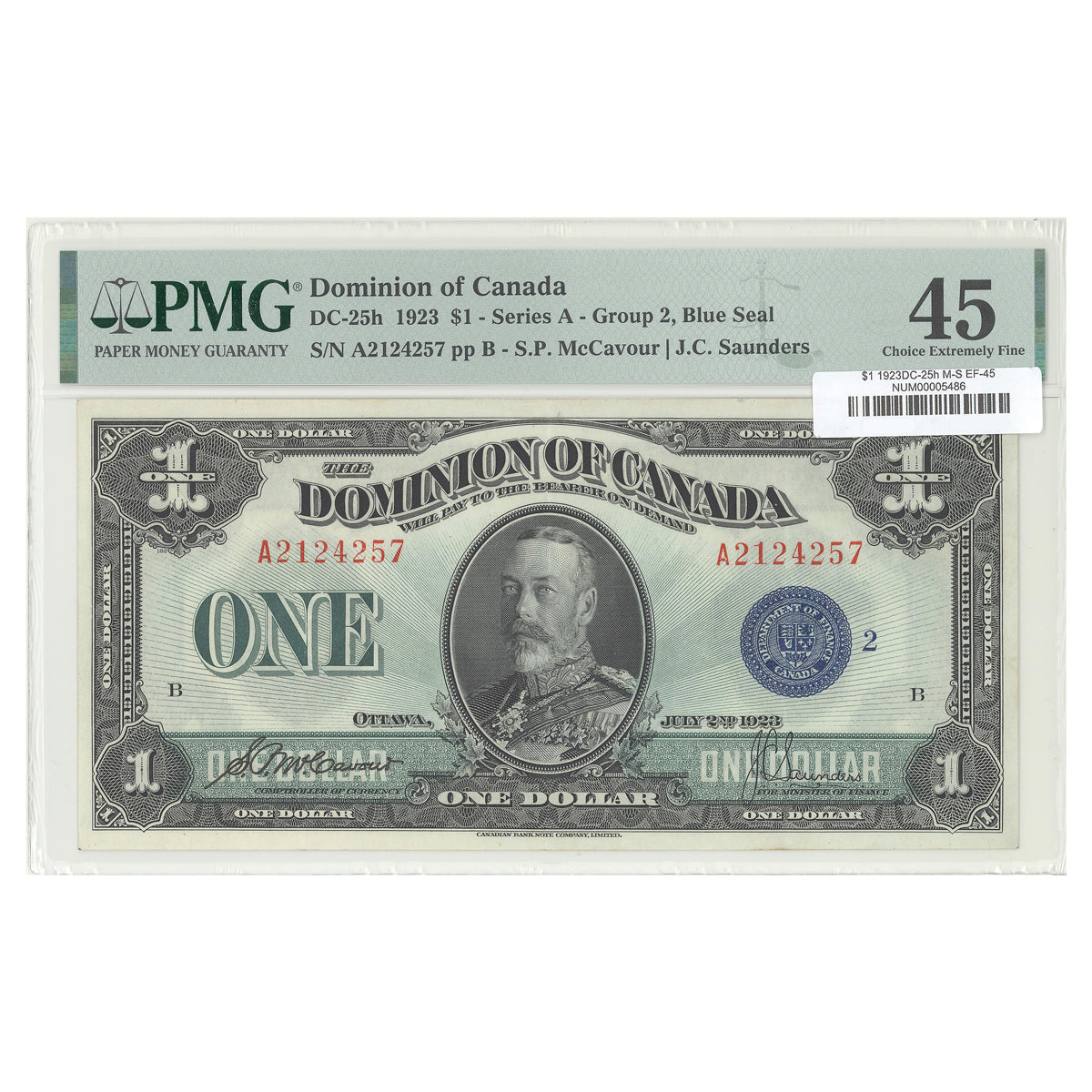 $1 1923 DC-25h McCavour-Saunders Prefix A PMG EF-45