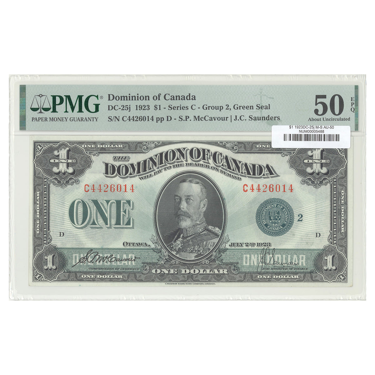 $1 1923 DC-25j McCavour-Saunders Prefix C PMG AU-50