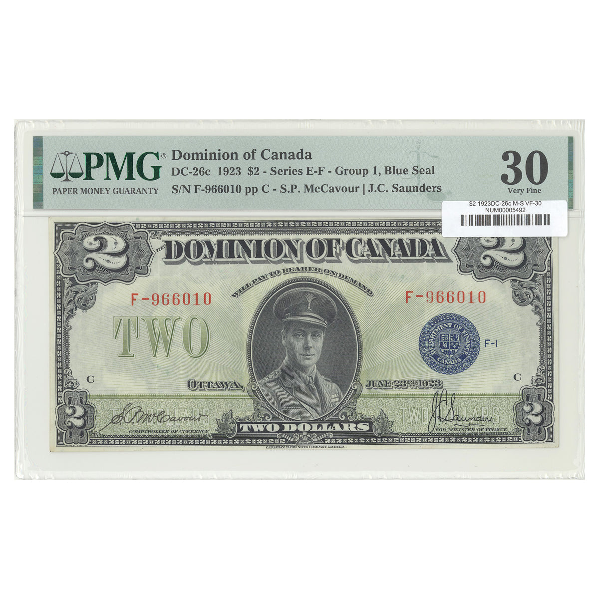 $2 1923 DC-26c McCavour-Saunders Prefix F PMG VF-30