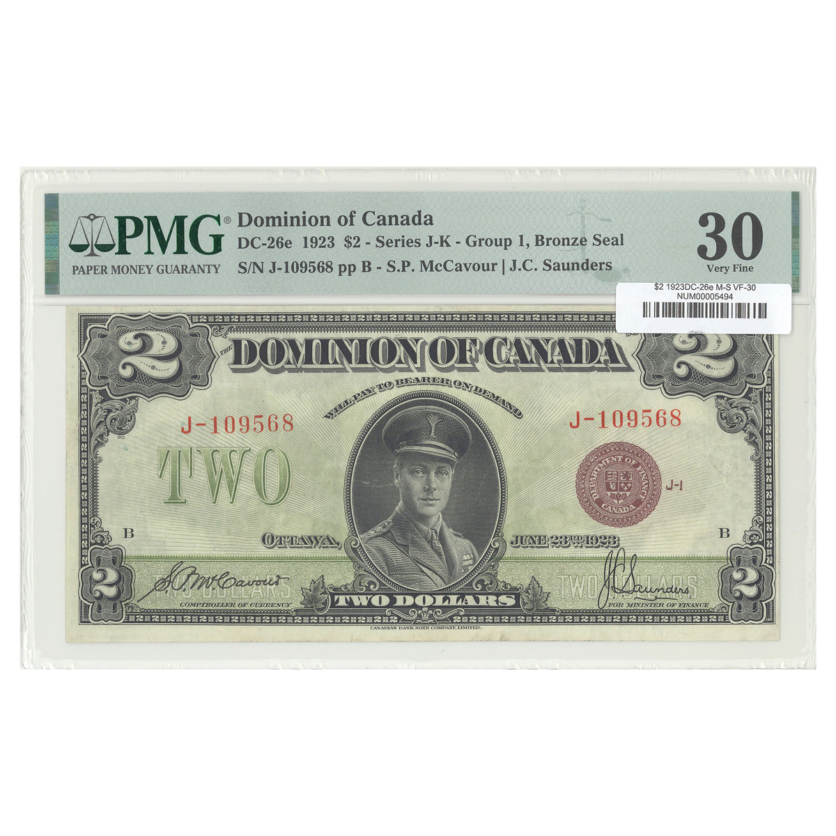 $2 1923 DC-26e McCavour-Saunders Prefix J PMG VF-30