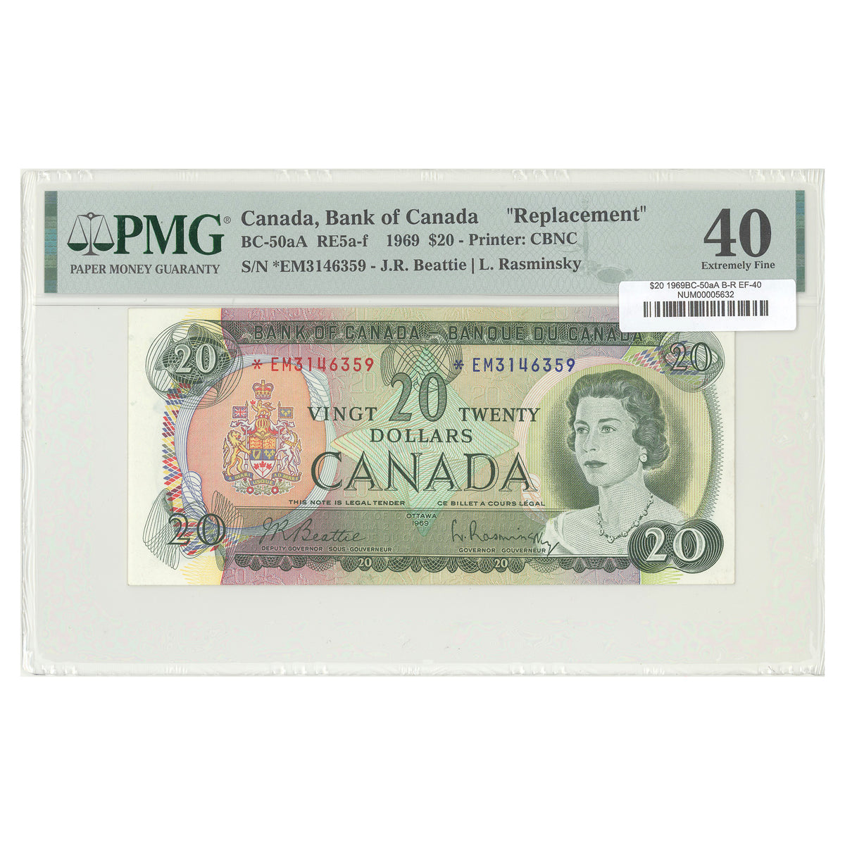 $20 1969 BC-50aA Beattie-Rasminsky Prefix EM PMG EF-40