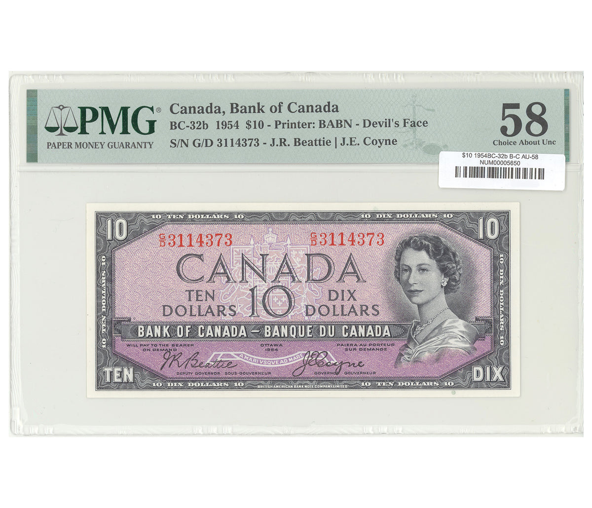 $10 1954 Devil's Face Series BC-32b Beattie-Coyne Prefix G/D PMG AU-58