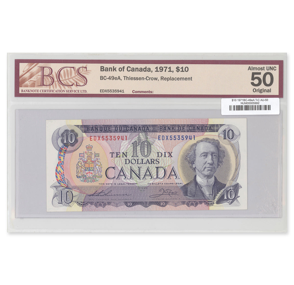 $10 1971 BC-49eA Thiessen-Crow Prefix EDX BCS AU-50
