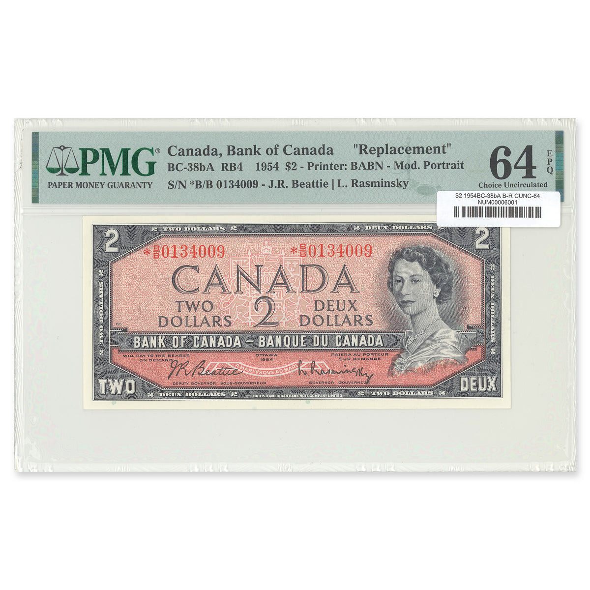 $2 1954 Modified Series BC-38bA Beattie-Rasminsky Prefix *B/B PMG CUNC-64