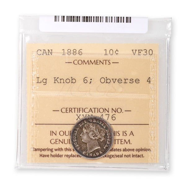 10 Cent 1886 Lg Knob; Obverse 4 ICCS VF-30