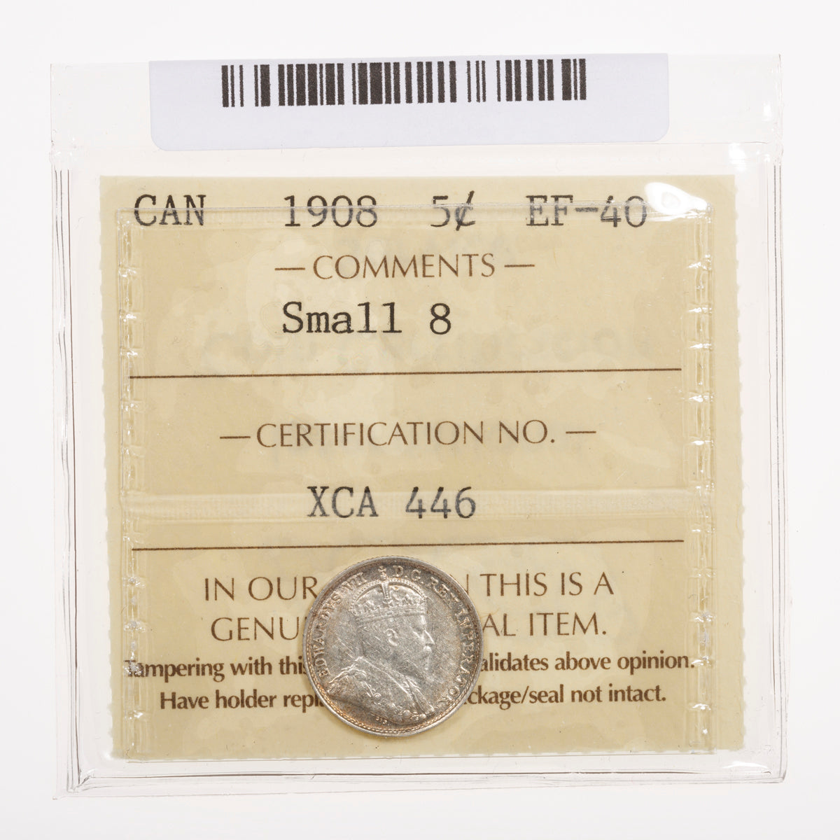5 Cent 1908 Small 8 ICCS EF-40