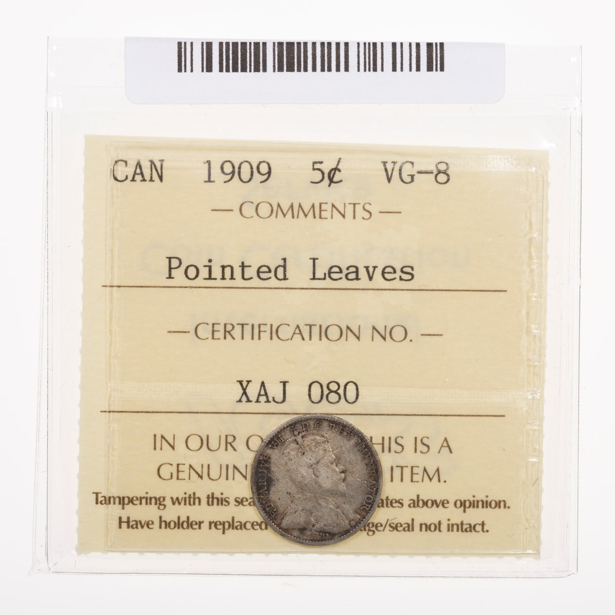 5 Cent 1909 Pointed Leaves ICCS VG-8