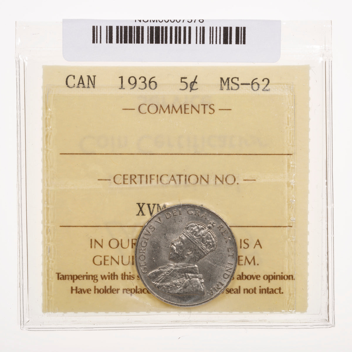 5 Cent 1936 ICCS MS-62