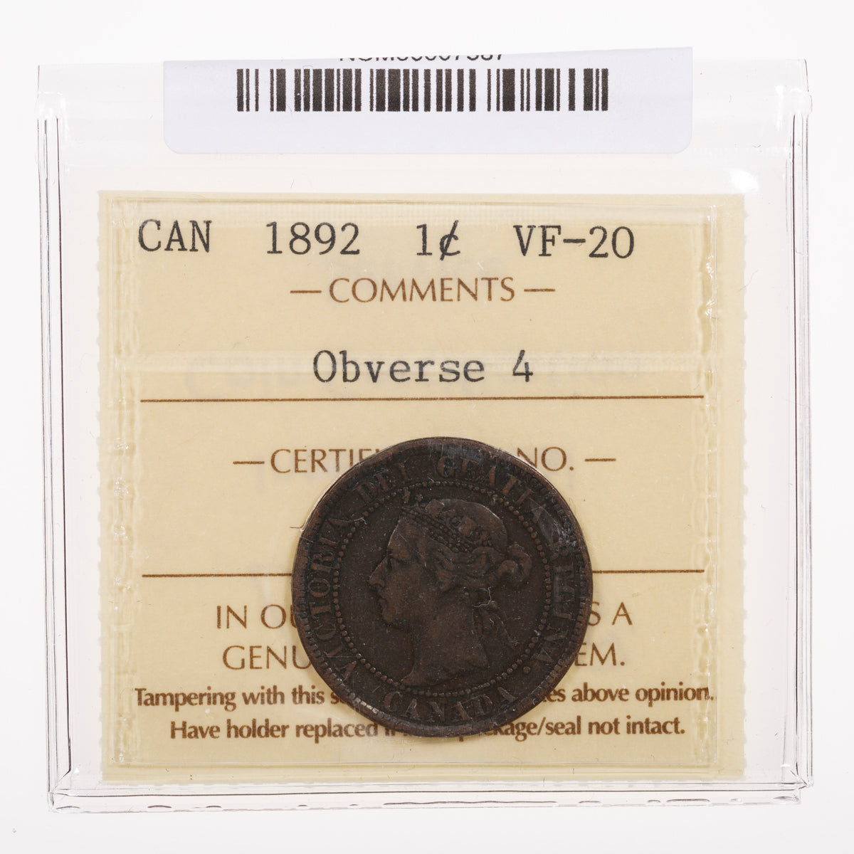 1 Cent 1892 Obverse 4 ICCS VF-20