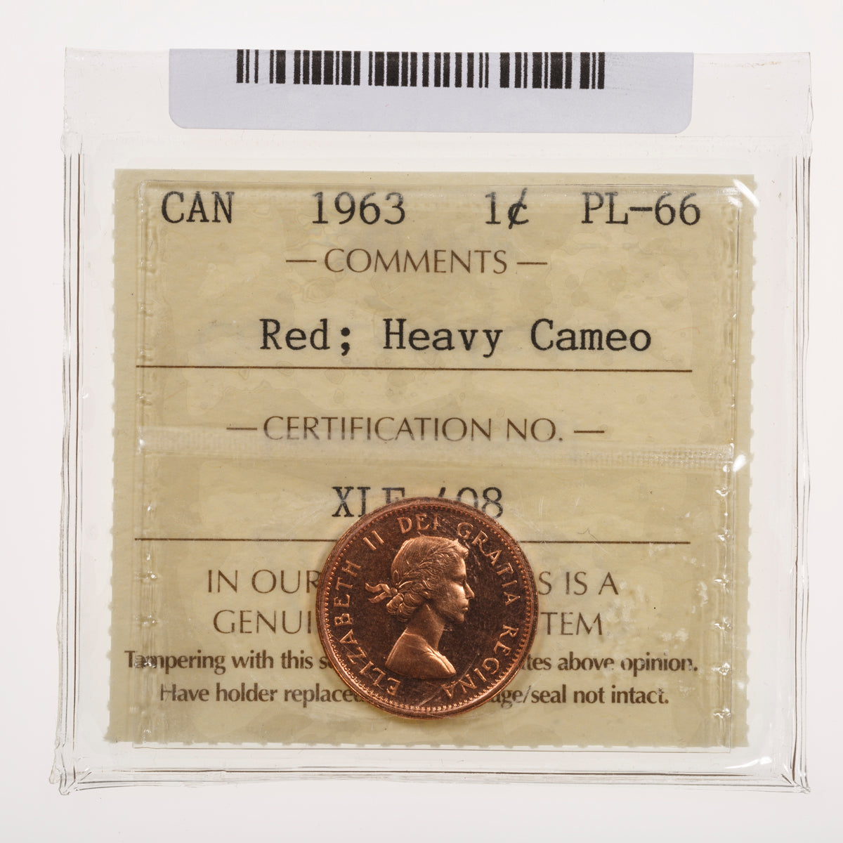 1 Cent 1963 Red; Heavy Cameo ICCS PL-66