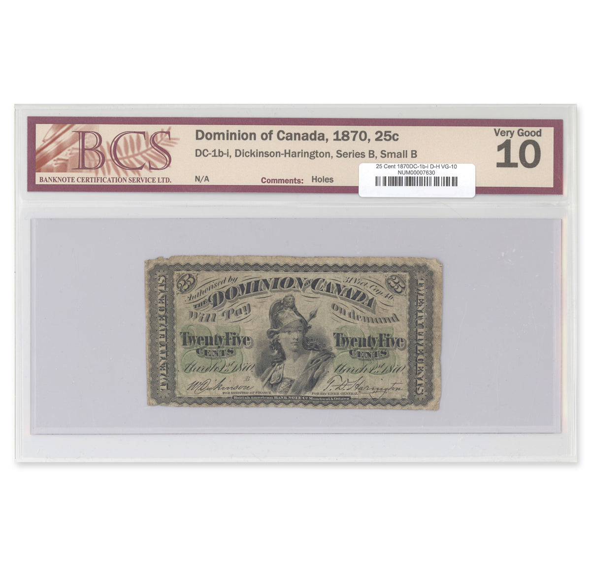 25 Cent 1870 DC-1b-i Dickinson-Harington BCS VG-10