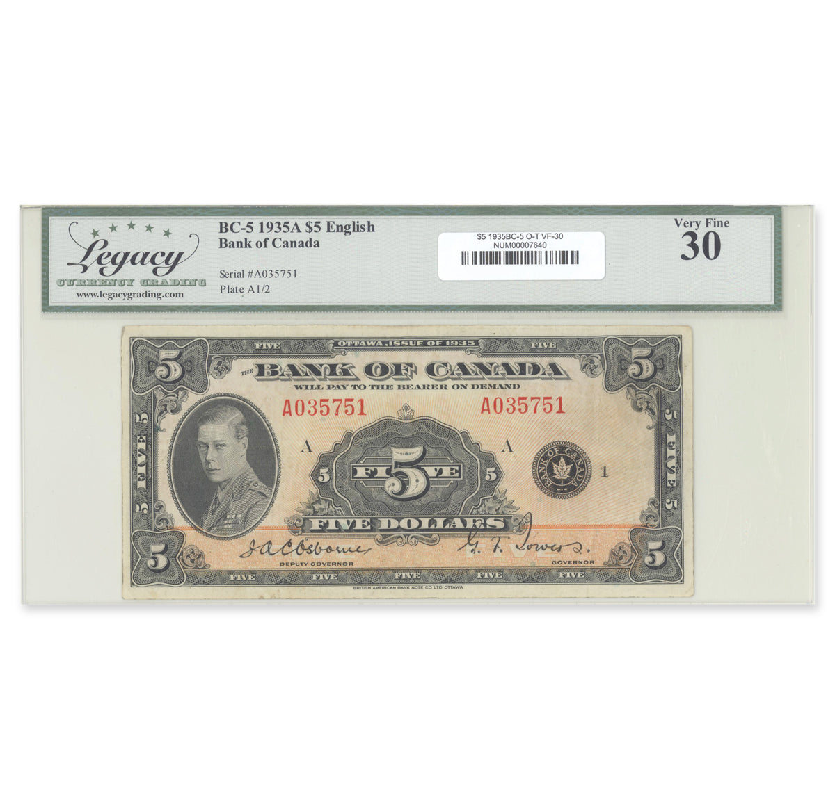 $5 1935 BC-5 Osborne-Towers Prefix A Legacy VF-30