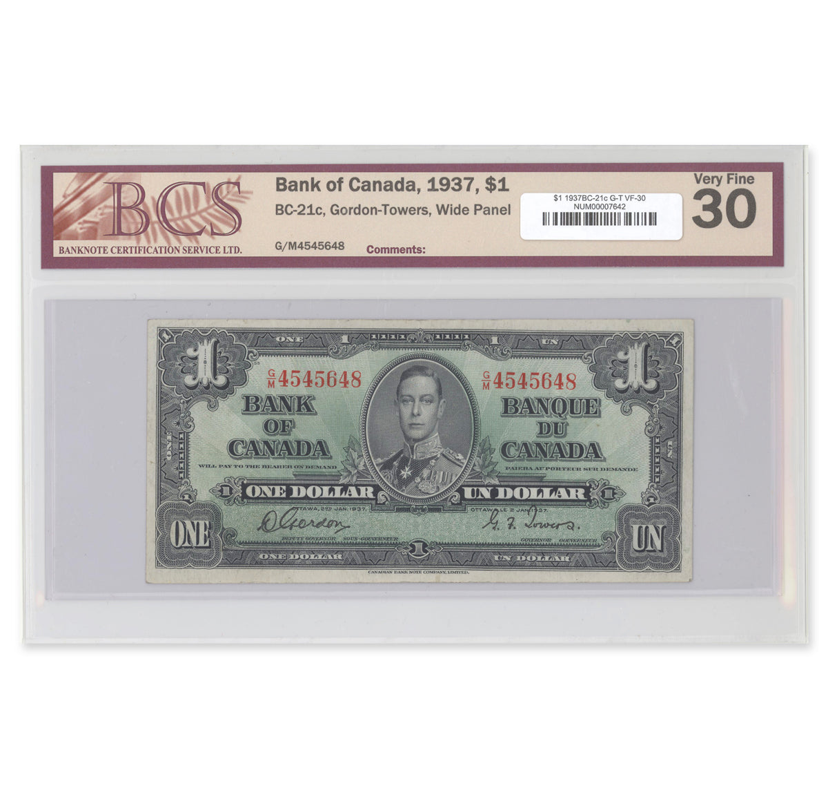 $1 1937 BC-21c Gordon-Towers Prefix G/M BCS VF-30