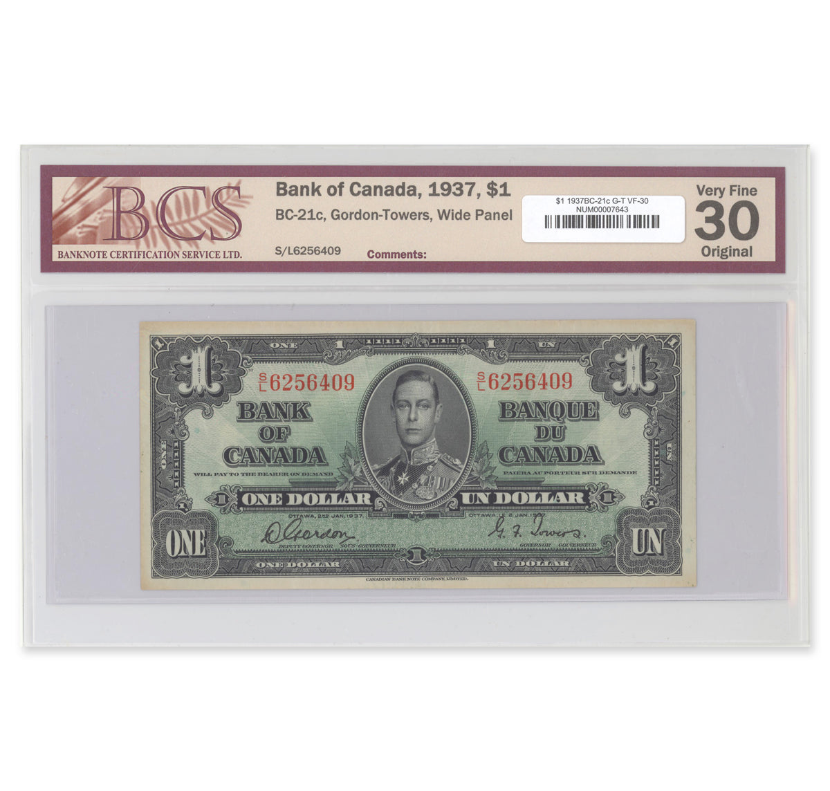 $1 1937 BC-21c Gordon-Towers Prefix S/L BCS VF-30