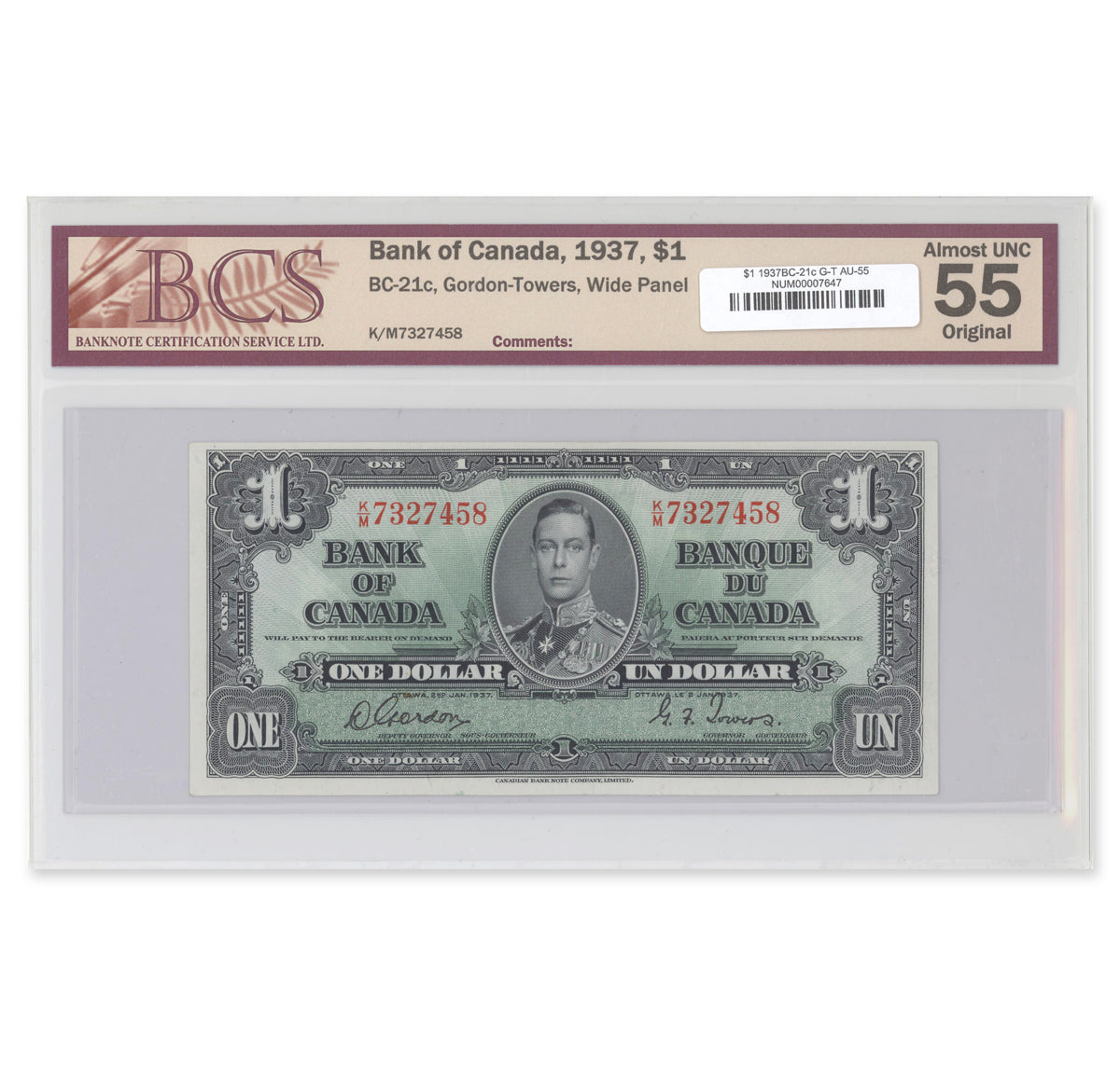 $1 1937 BC-21c Gordon-Towers Prefix K/M BCS AU-55