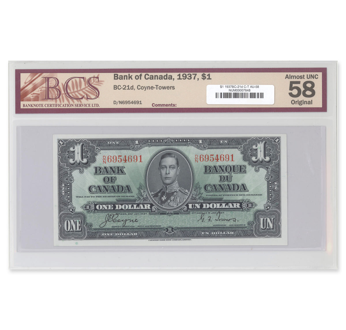 $1 1937 BC-21d Coyne-Towers Prefix D/N BCS AU-58