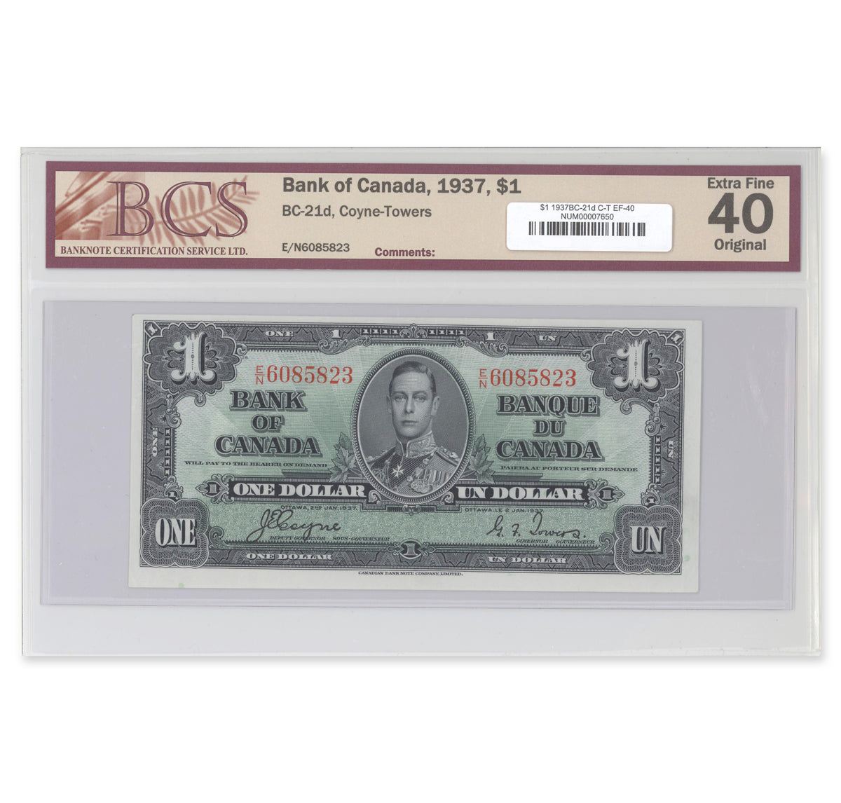 $1 1937 BC-21d Coyne-Towers Prefix E/N BCS EF-40