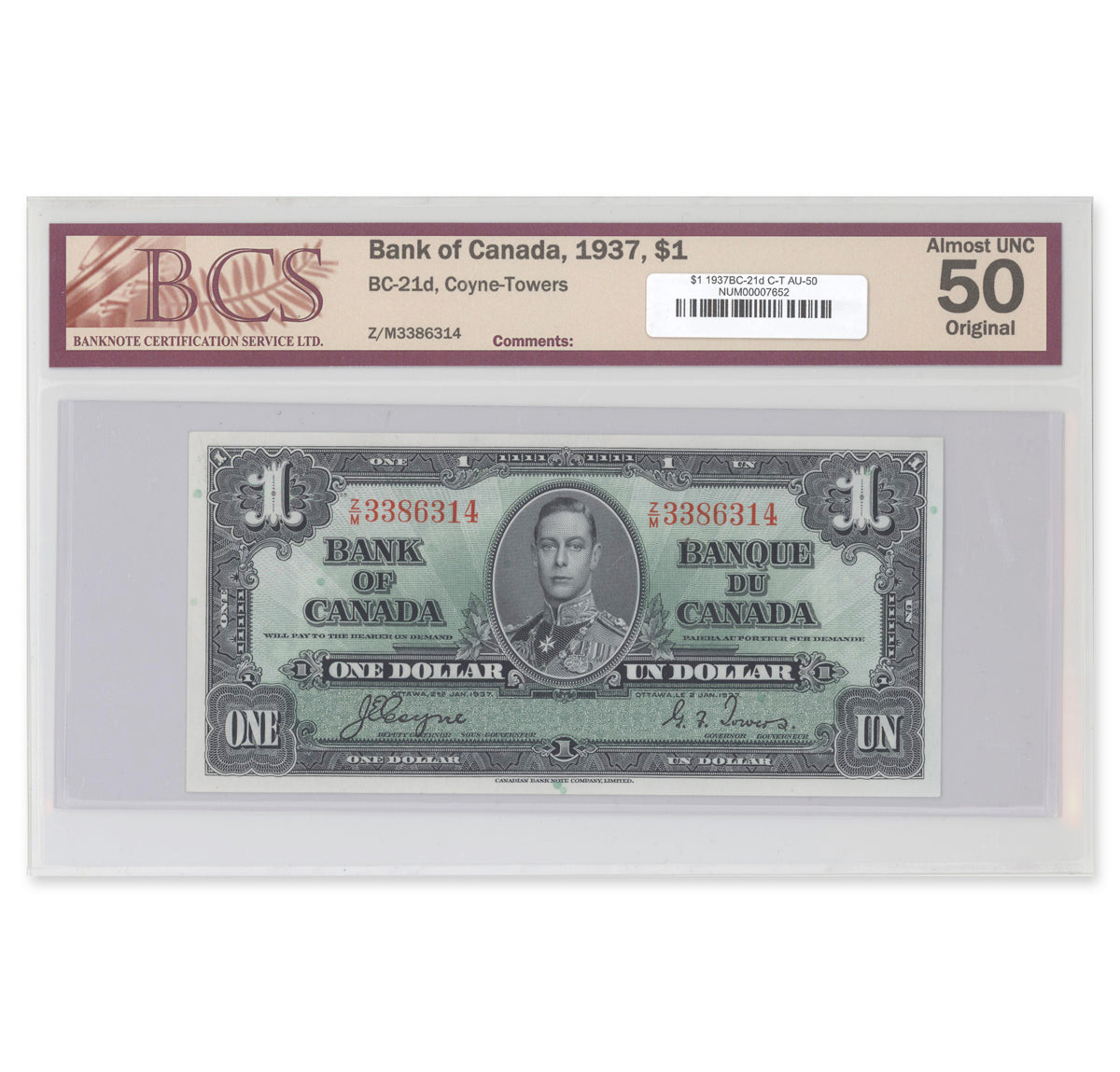 $1 1937 BC-21d Coyne-Towers Prefix Z/M BCS AU-50