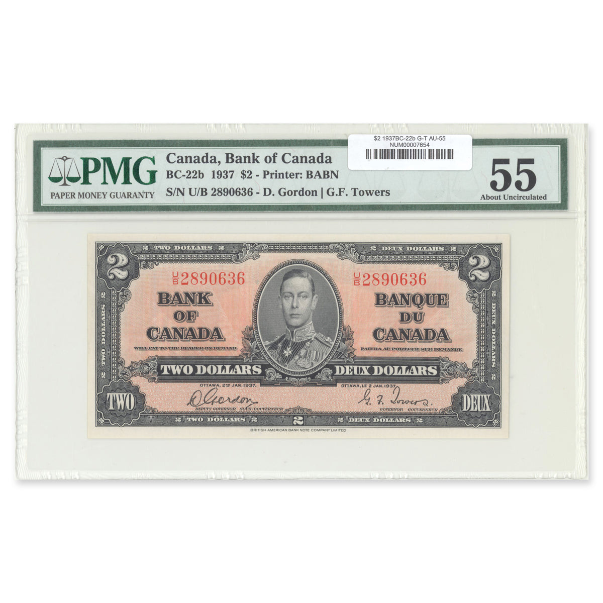 $2 1937 BC-22b Gordon-Towers Prefix U/B PMG AU-55