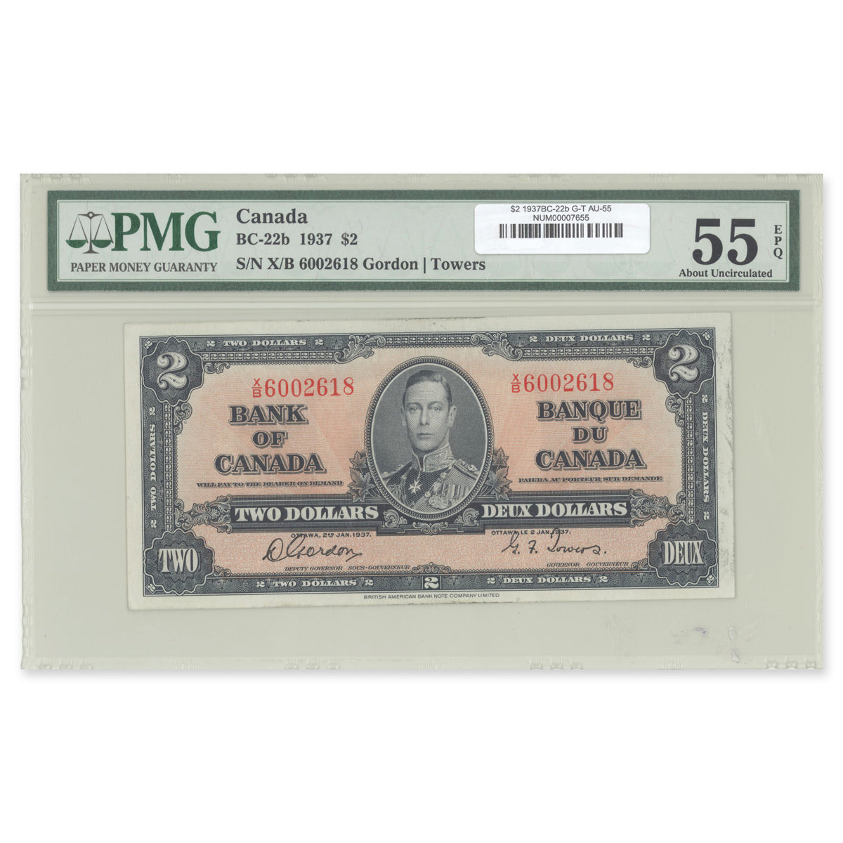$2 1937 BC-22b Gordon-Towers Prefix X/B PMG AU-55