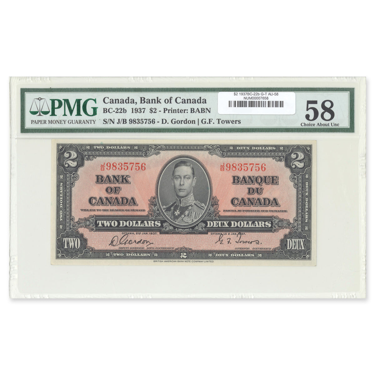$2 1937 BC-22b Gordon-Towers Prefix J/B PMG AU-58