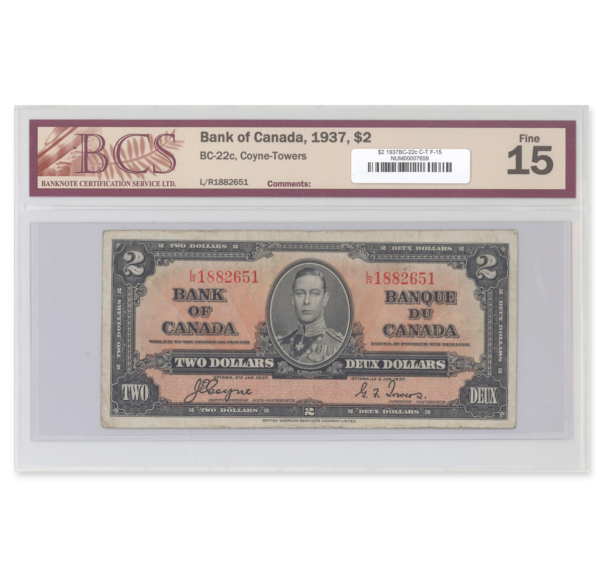 $2 1937 BC-22c Coyne-Towers Prefix L/R BCS F-15