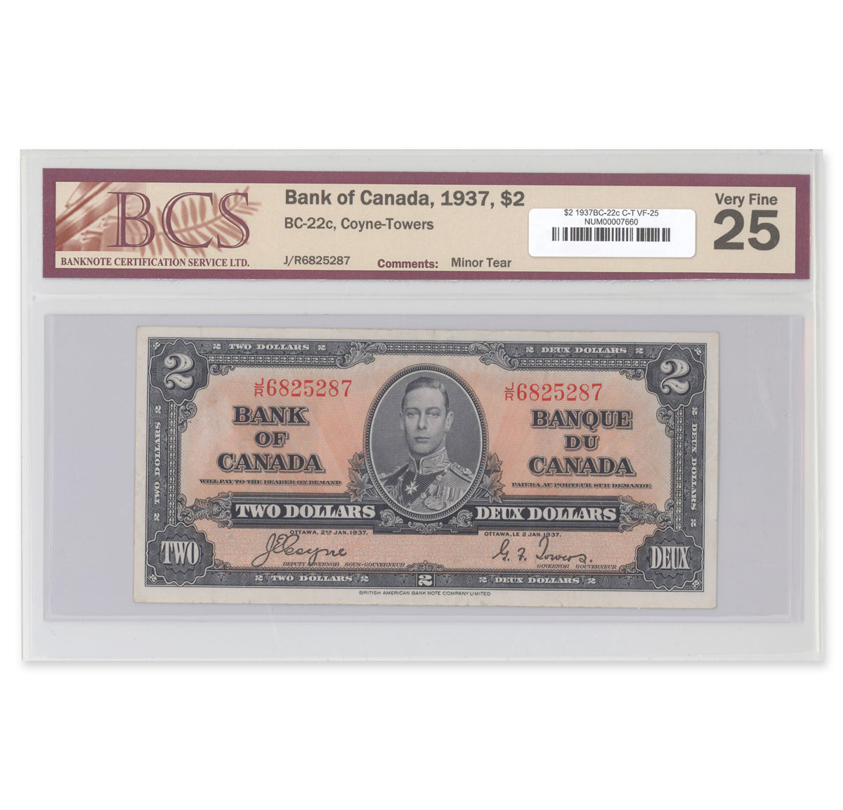 $2 1937 BC-22c Coyne-Towers Prefix J/R BCS VF-25