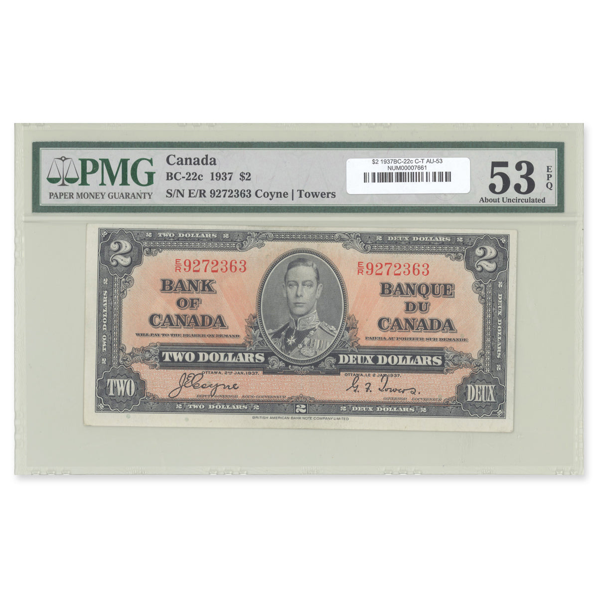 $2 1937 BC-22c Coyne-Towers Prefix E/R PMG AU-53