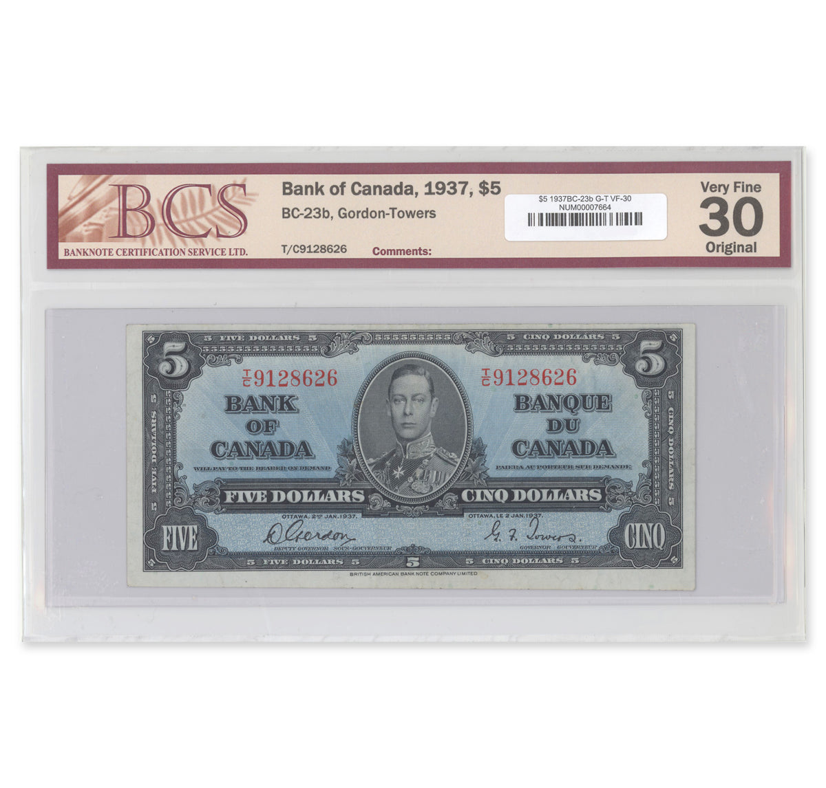 $5 1937 BC-23b Gordon-Towers Prefix T/C BCS VF-30