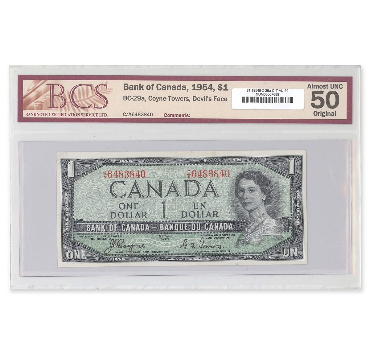 $1 1954 Devil's Face Series BC-29a Coyne-Towers Prefix C/A BCS AU-50
