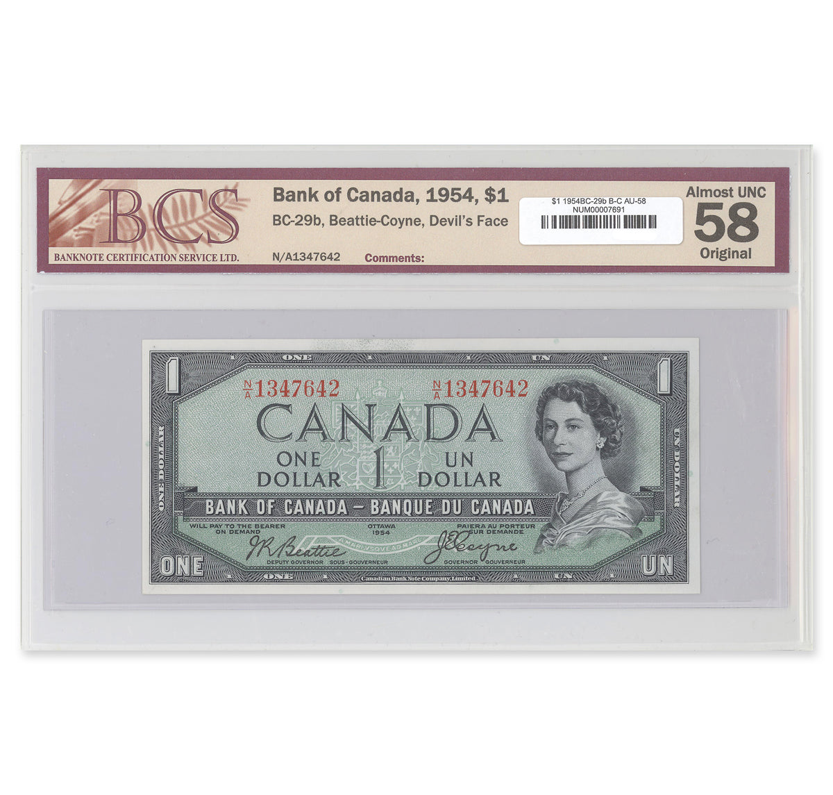 $1 1954 Devil's Face Series BC-29b Beattie-Coyne Prefix N/A BCS AU-58