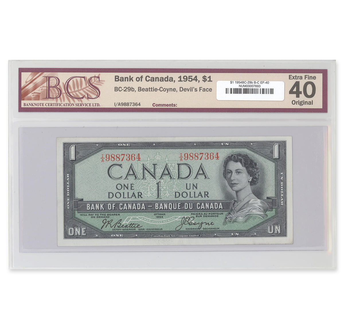 $1 1954 Devil's Face Series BC-29b Beattie-Coyne Prefix I/A BCS EF-40