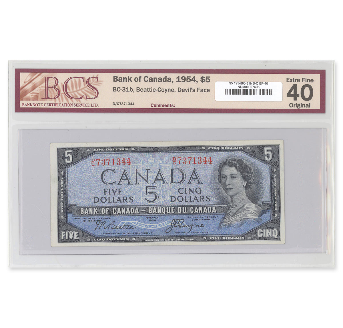 $5 1954 Devil's Face Series BC-31b Beattie-Coyne Prefix D/C BCS EF-40