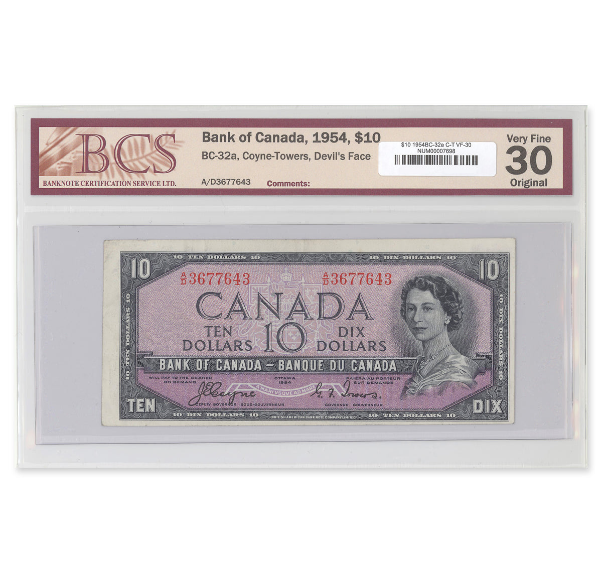 $10 1954 Devil's Face Series BC-32a Coyne-Towers Prefix A/D BCS VF-30