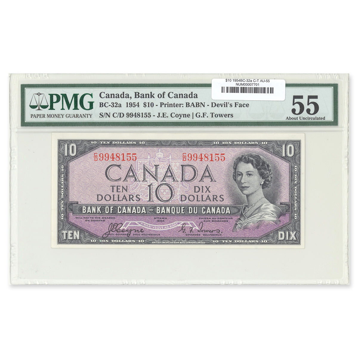 $10 1954 Devil's Face Series BC-32a Coyne-Towers Prefix C/D PMG AU-55