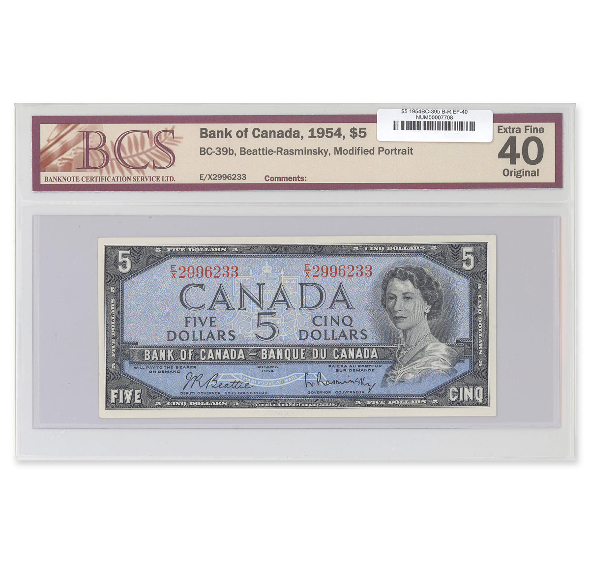 $5 1954 Modified Series BC-39b Beattie-Rasminsky Prefix E/X BCS EF-40