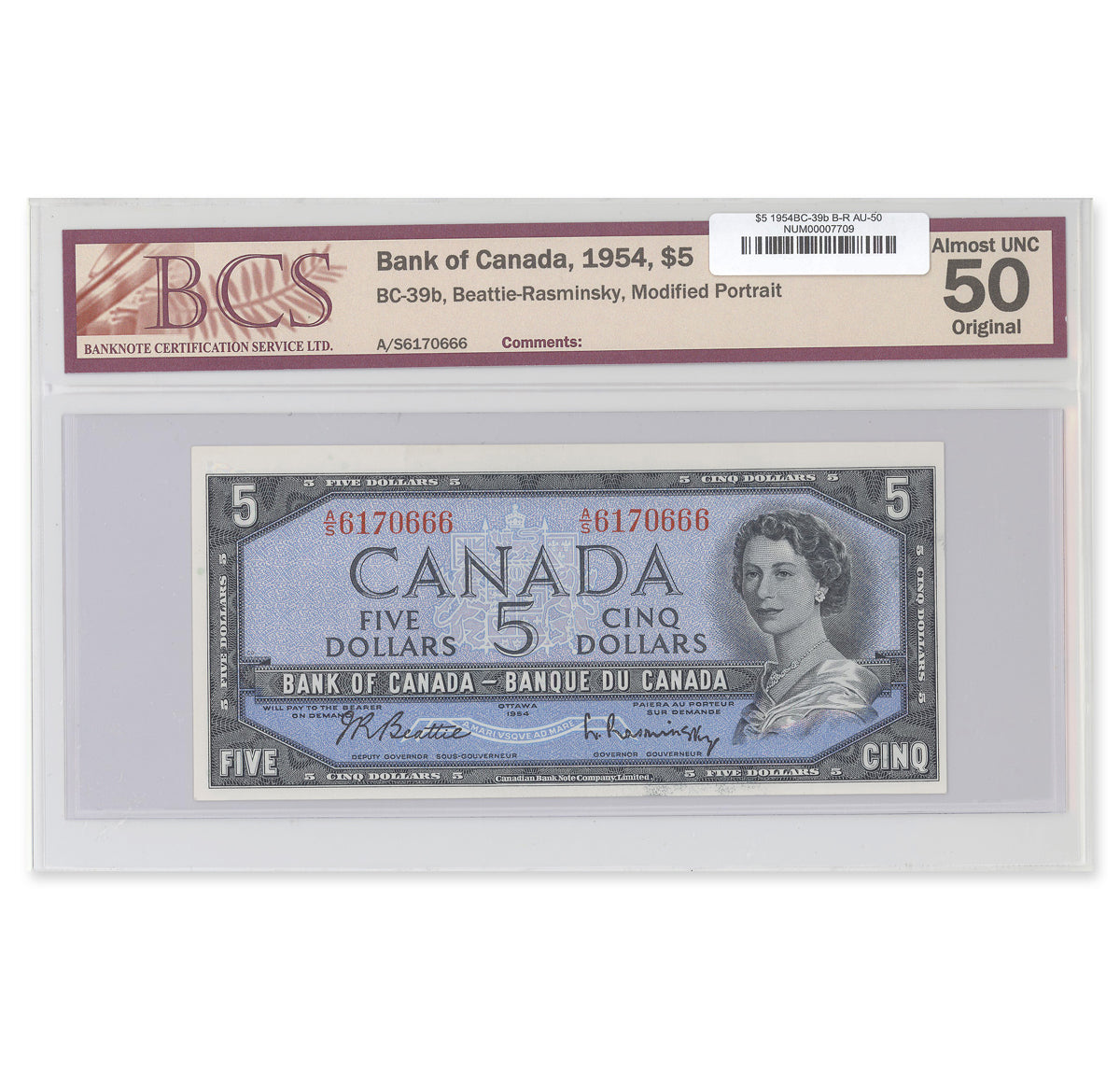 $5 1954 Modified Series BC-39b Beattie-Rasminsky Prefix A/S BCS AU-50