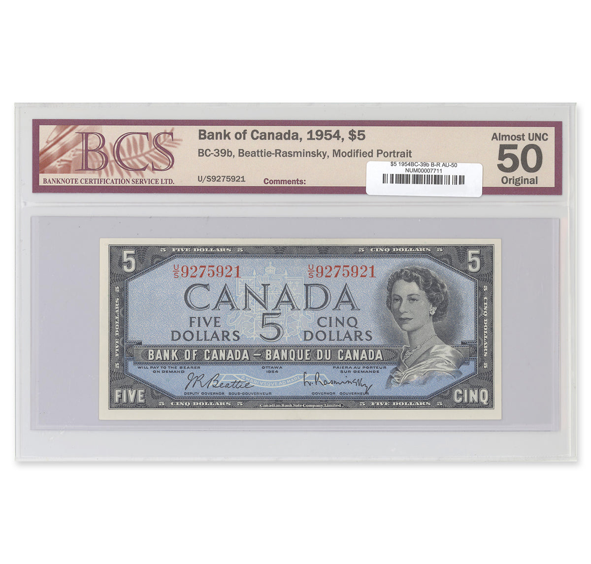 $5 1954 Modified Series BC-39b Beattie-Rasminsky Prefix U/S BCS AU-50