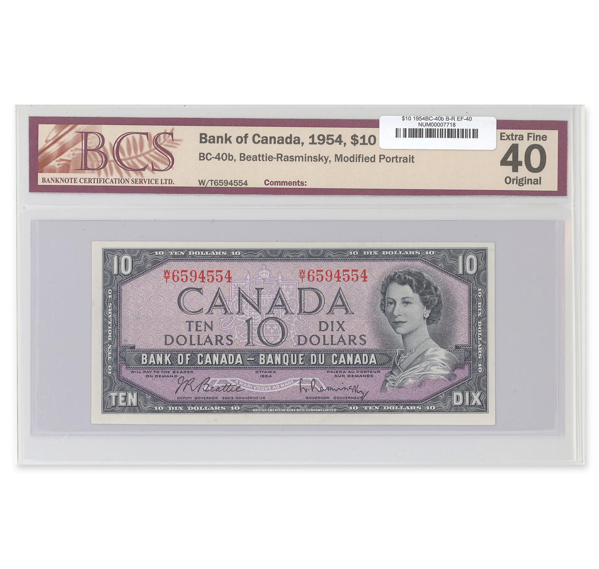 $10 1954 Modified Series BC-40b Beattie-Rasminsky Prefix W/T BCS EF-40