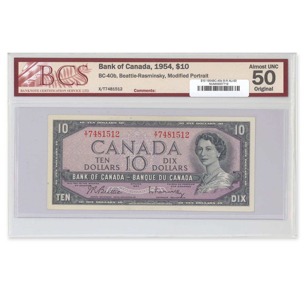 $10 1954 Modified Series BC-40b Beattie-Rasminsky Prefix X/T BCS AU-50