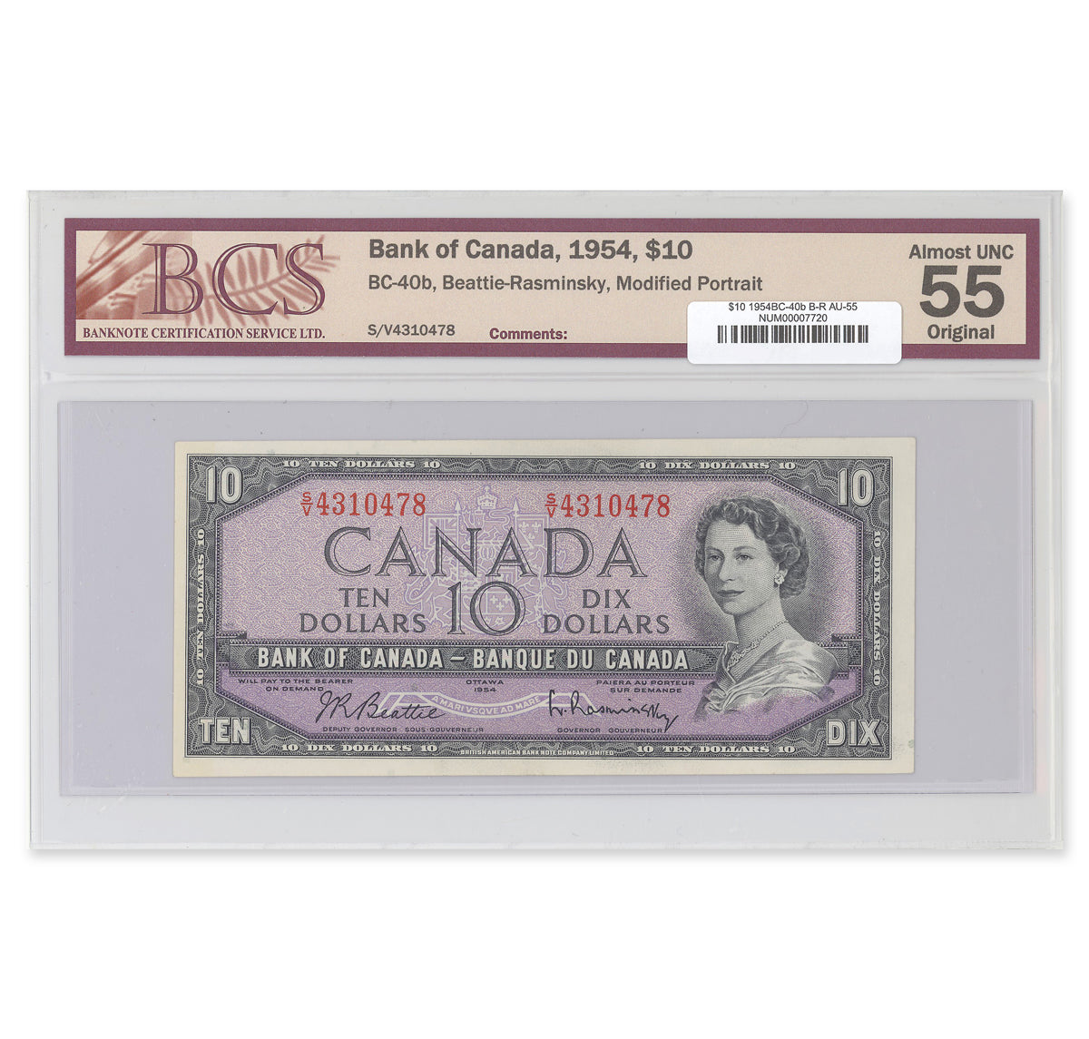 $10 1954 Modified Series BC-40b Beattie-Rasminsky Prefix S/V BCS AU-55