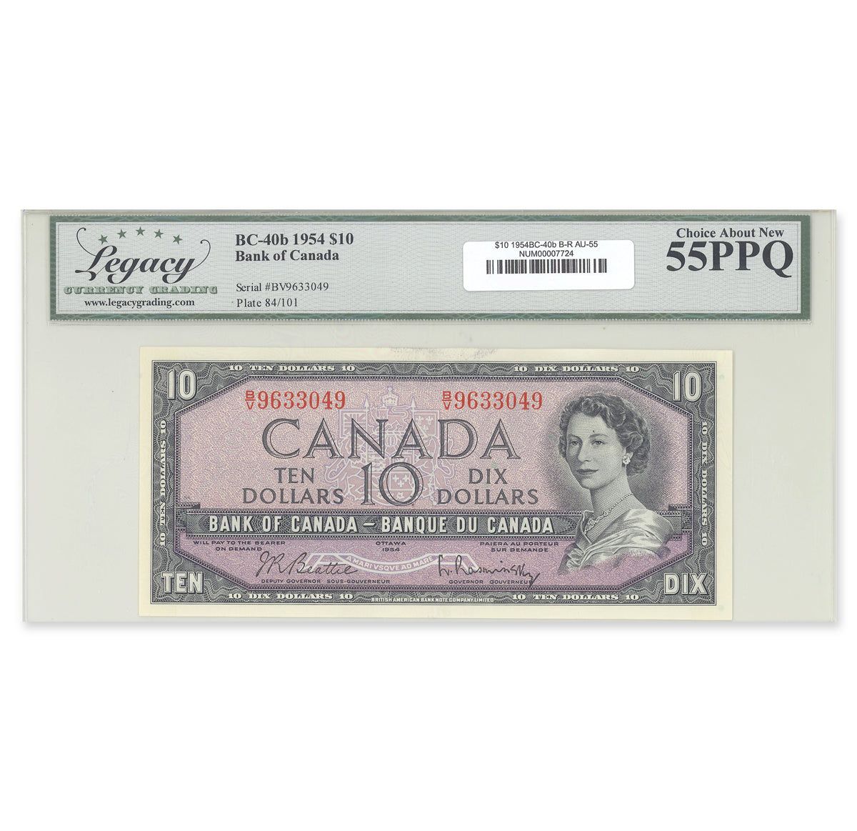 $10 1954 Modified Series BC-40b Beattie-Rasminsky Prefix B/V Legacy AU-55