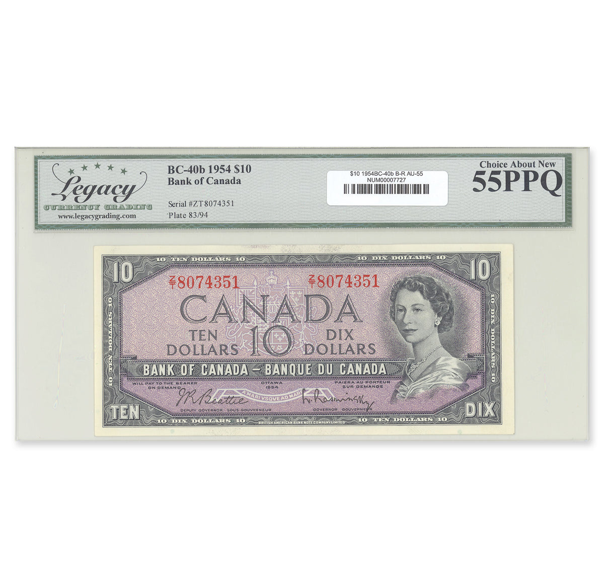 $10 1954 Modified Series BC-40b Beattie-Rasminsky Prefix Z/T Legacy AU-55