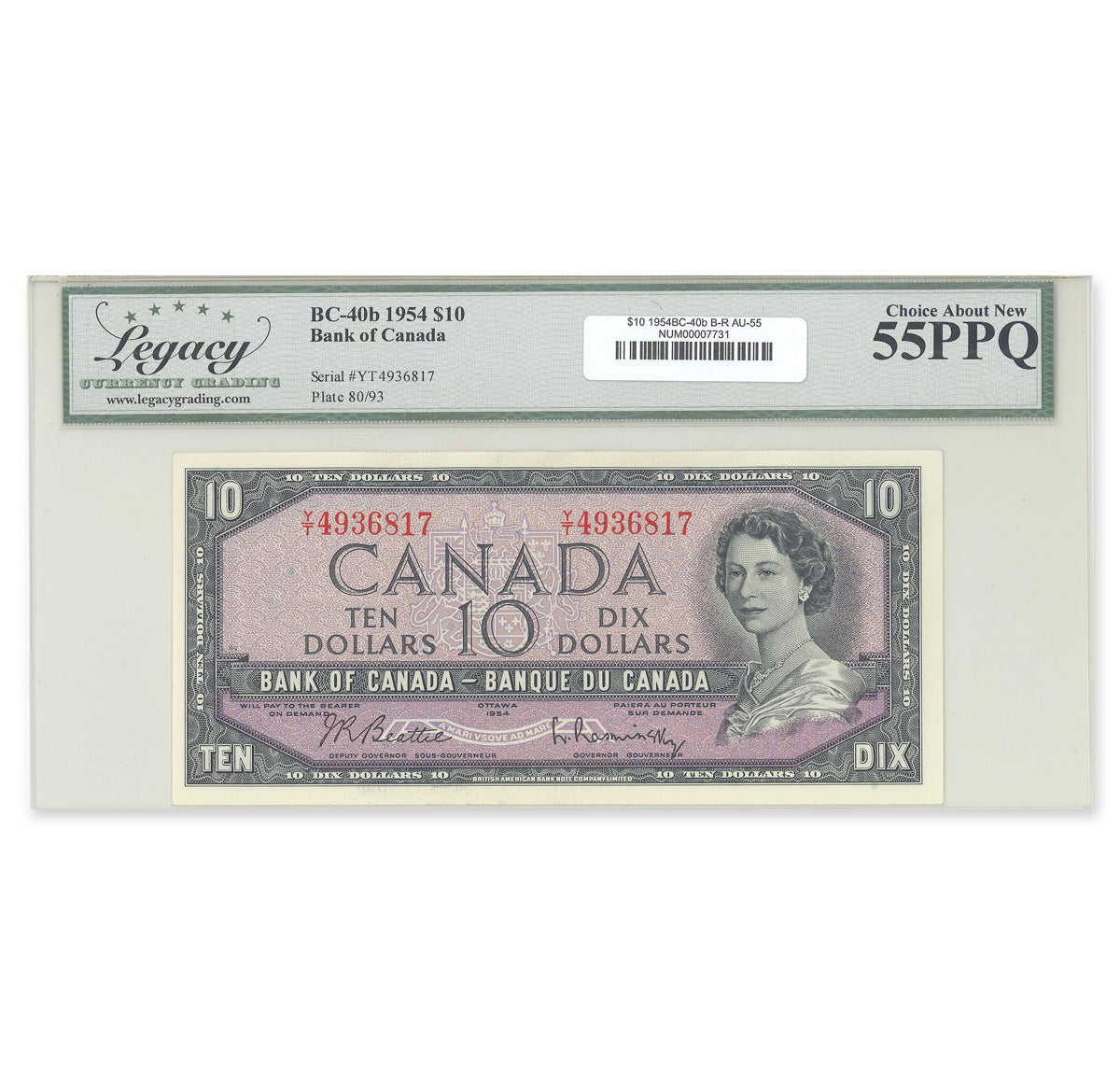 $10 1954 Modified Series BC-40b Beattie-Rasminsky Prefix Y/T Legacy AU-55