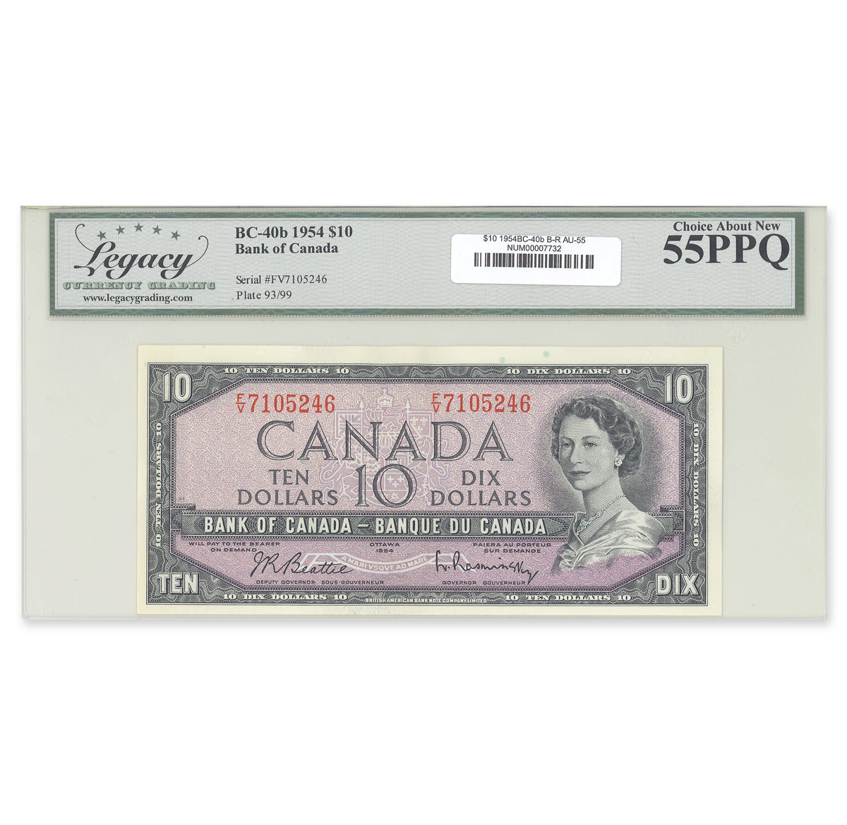 $10 1954 Modified Series BC-40b Beattie-Rasminsky Prefix F/V Legacy AU-55