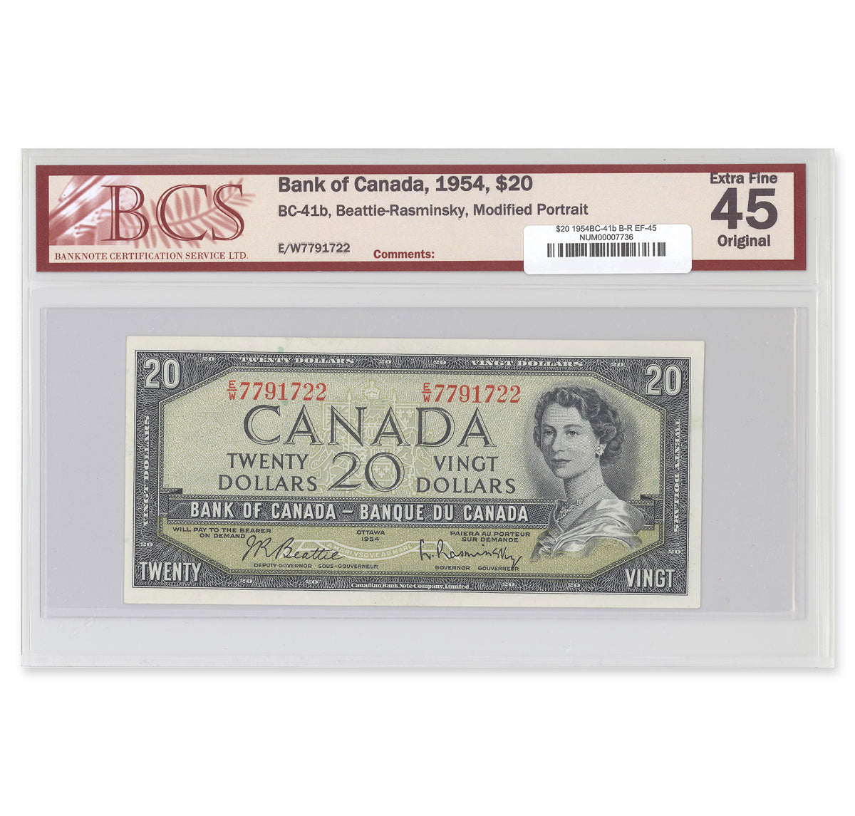 $20 1954 Modified Series BC-41b Beattie-Rasminsky Prefix E/W BCS EF-45