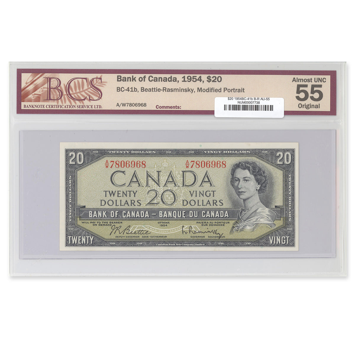 $20 1954 Modified Series BC-41b Beattie-Rasminsky Prefix A/W BCS AU-55