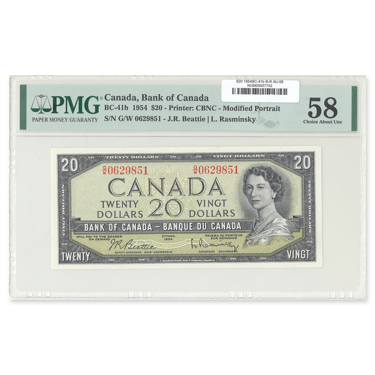 $20 1954 Modified Series BC-41b Beattie-Rasminsky Prefix G/W PMG AU-58