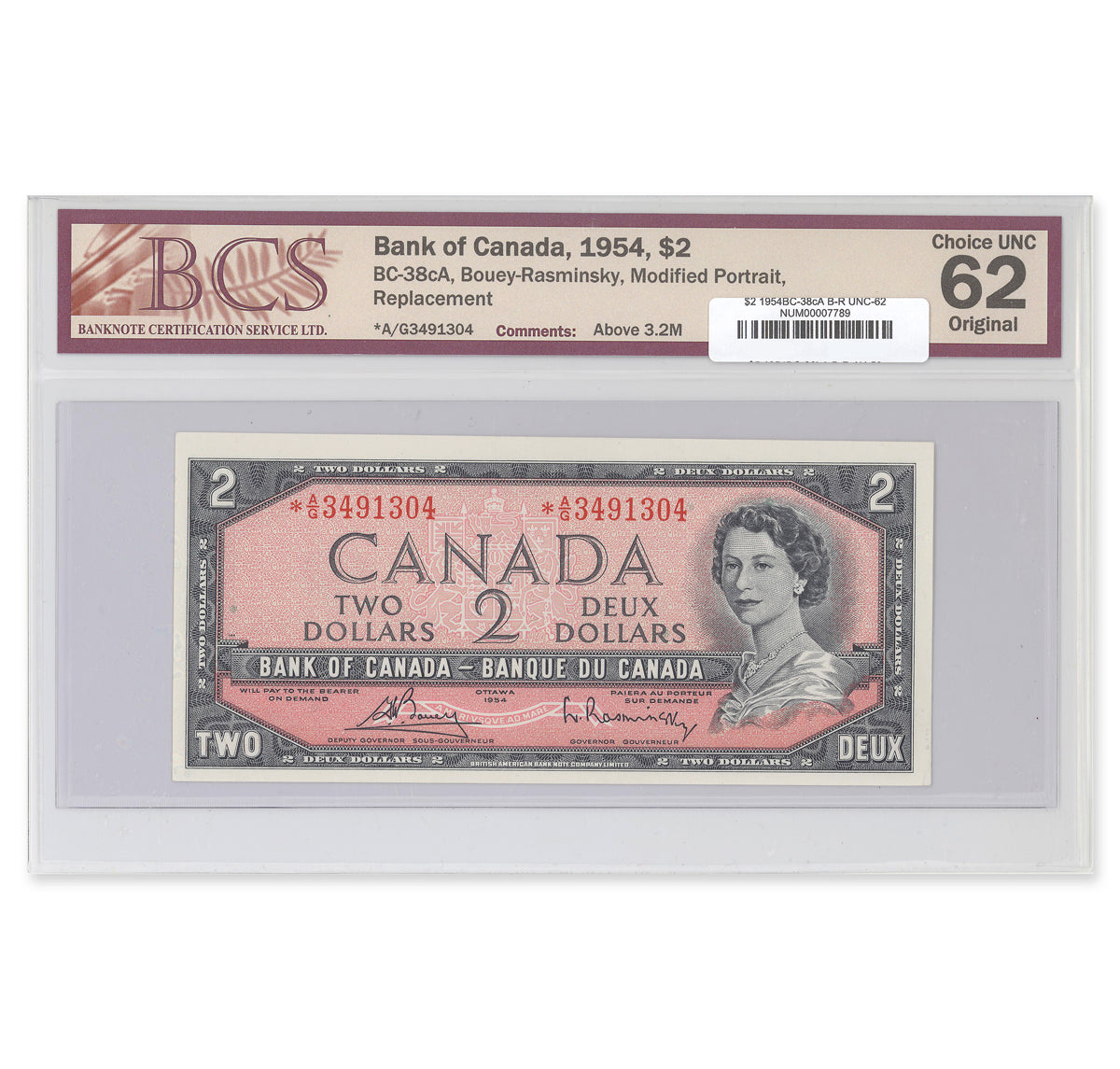 $2 1954 Modified Series BC-38cA Bouey-Rasminsky Prefix *A/G BCS UNC-62