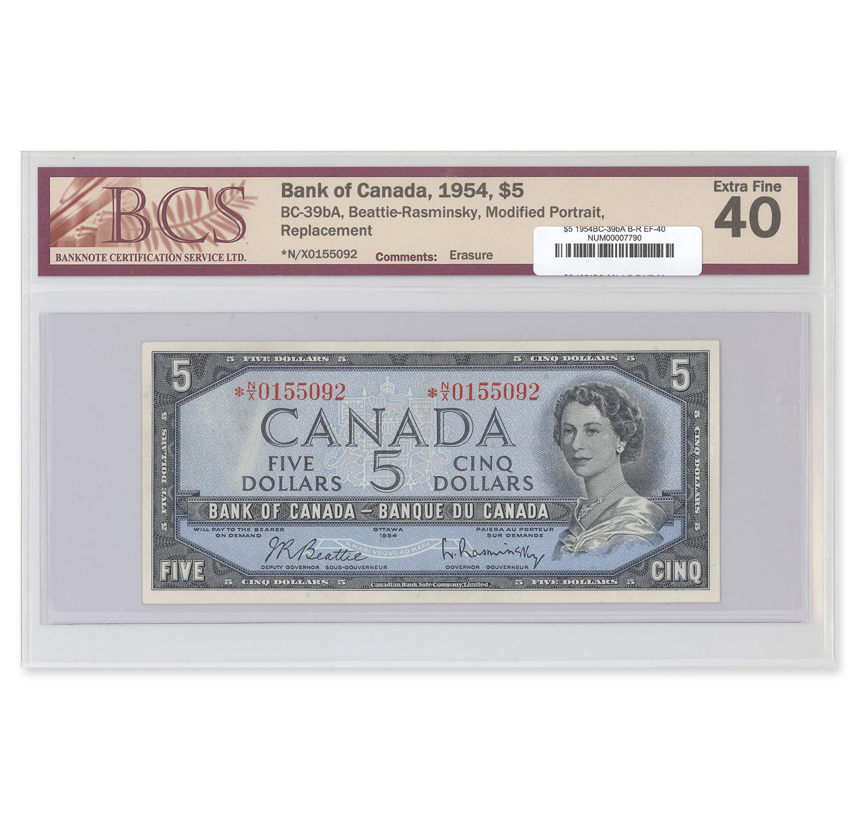 $5 1954 Modified Series BC-39bA Beattie-Rasminsky Prefix *N/X BCS EF-40